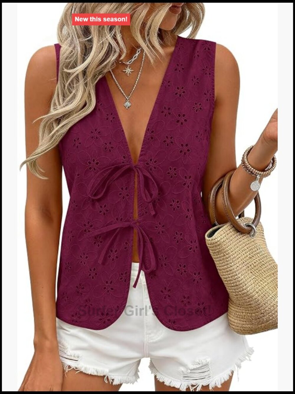 Women's Eyelet Lace Tie Front Vest Top Sleeveless V Neck Boho Summer Tank